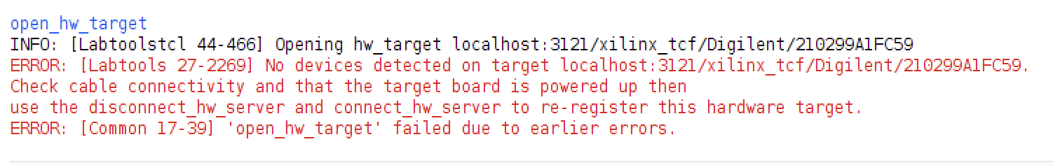 Vivado error message showing nothing on JTAG