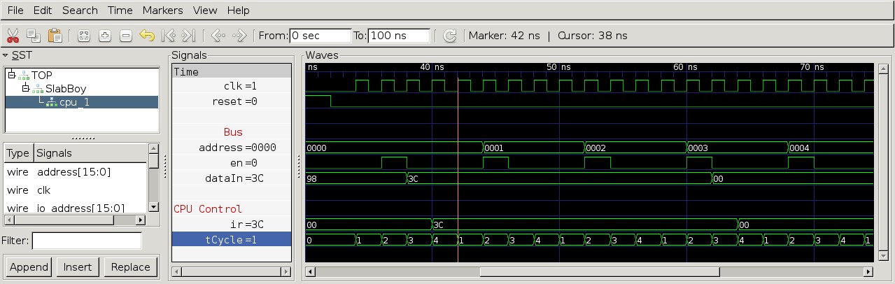GTKWave showing the results of the first simulation