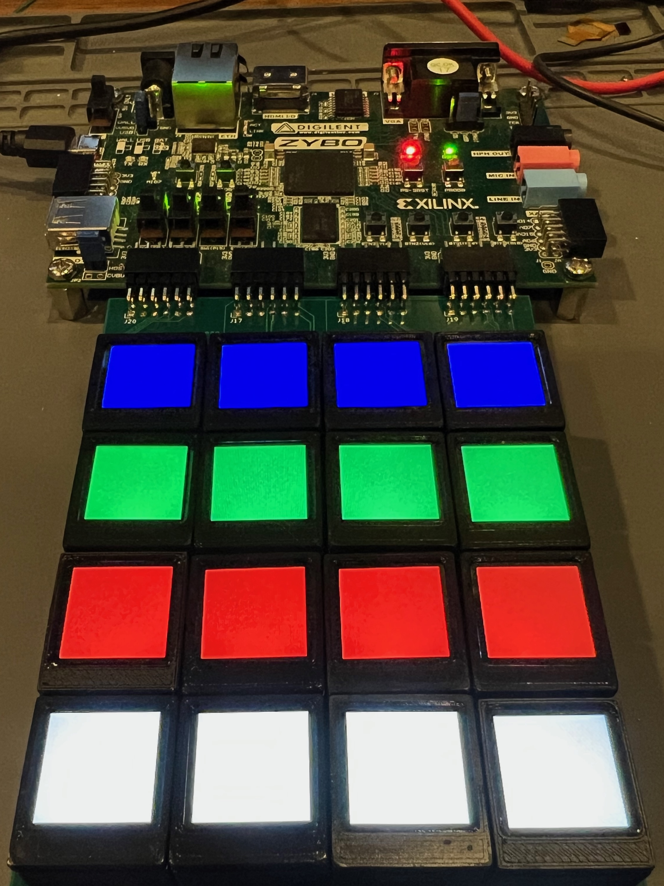 ButtonSlab showing a solid color on the four LCDs of each row: blue, green, red, and white