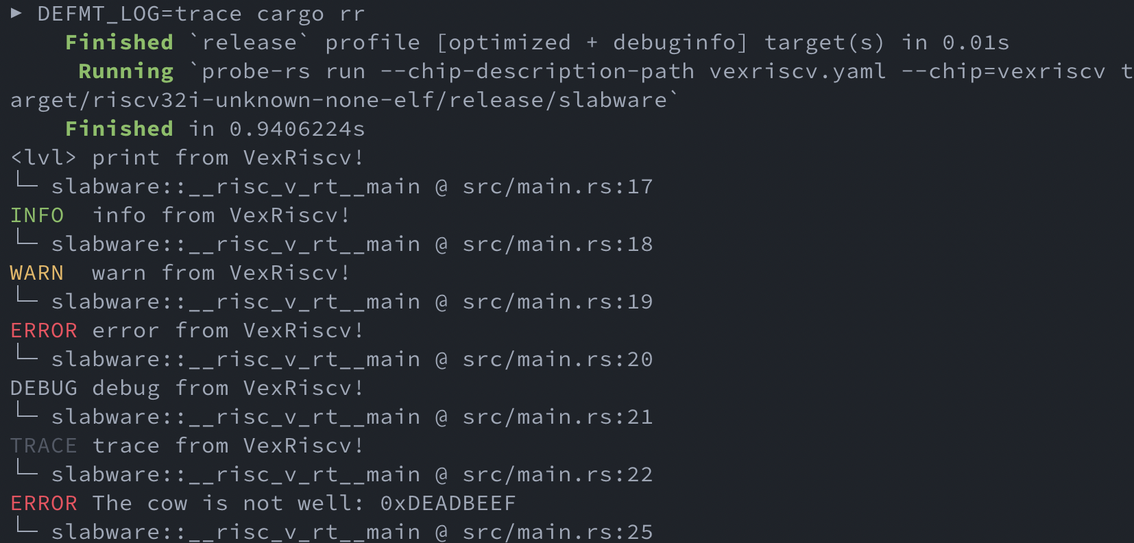 probe-rs showing defmt logs with color-coded levels (info, warn, error, debug, trace)